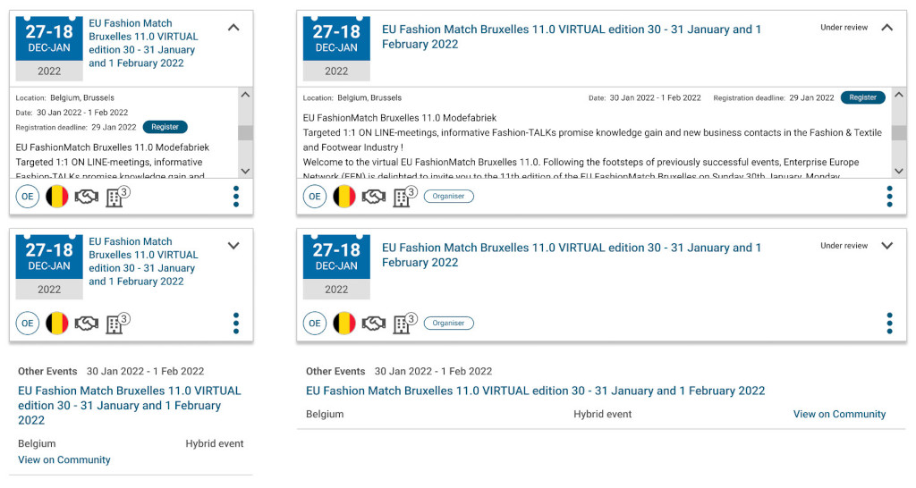 Design of six variations of the Event card component collapsed and expanded with sample info of the EU Fashion Match Bruxelles 11.0 virtual event, January 30-February 1, 2022, in Belgium.