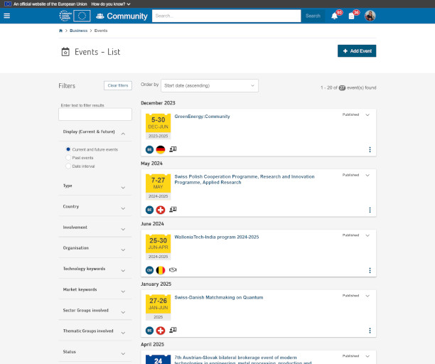 Web page with list events, December 2023 to April 2025, filtered by date, type, and country.