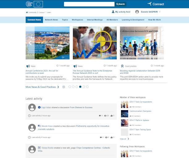 A website interface features tabs for news, network events, workspaces, and more. Three main news articles display images and headlines. The layout is clean, with sections for latest activities and workspace memberships on the side. The tone is professional and informative.
