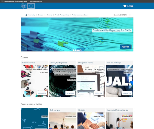 Website homepage showcasing courses on sustainability and management for SMEs. Features images of documents, people in meetings, and training sessions. A blue and white color scheme conveys a professional tone.