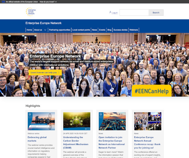 A large group of diverse people smile on the Enterprise Europe Network homepage. Text highlights SME support and a #EENCanHelp sign; a professional and welcoming atmosphere.