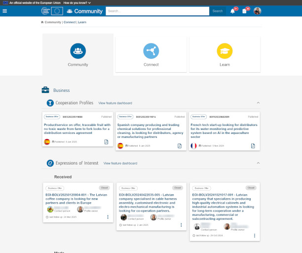 Community web platform interface with sections titled "Community," "Connect," and "Learn." It displays business cooperation profiles and expressions of interest in a structured layout.