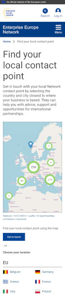 Wireframe for mobile with map displaying local contact points across Europe for the Enterprise Europe Network, aiding businesses in seeking international partnerships.