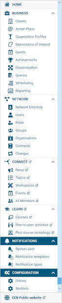 Vertical navigation menu featuring categories: Home, Business, Network, Connect, Learn, Notifications, and Configuration with various sub-options.