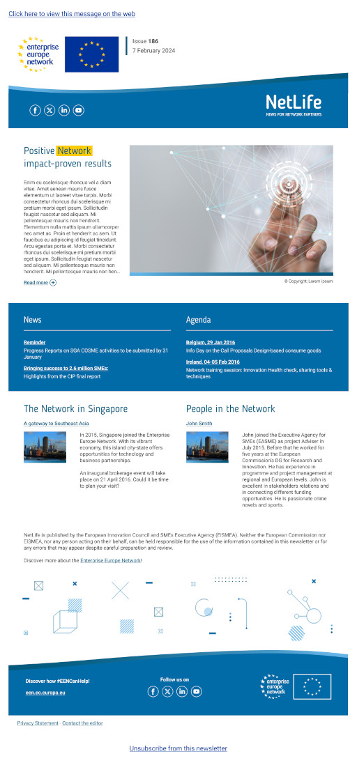 Newsletter with EU and Enterprise Europe Network logos. Headline "Positive Network" above a hand touching a digital interface. Sections include "News," "Agenda," and features on Singapore and network personnel. Tone is professional and informative.