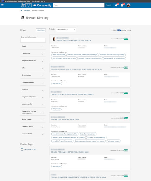 Screenshot of a network directory with filters for searching organizations by various criteria like country, expertise, and city.