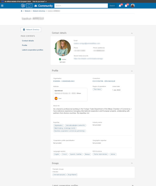 Network Directory Profile page of a professional from the Foreign Trade Department, showcasing contact info, expertise, and organization details.