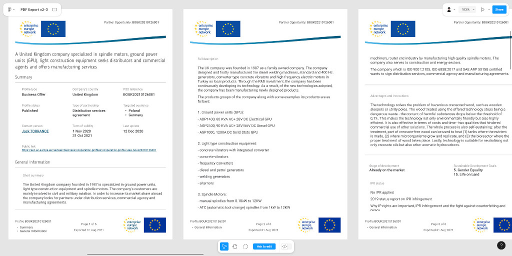 Three-page document from the Enterprise Europe Network about a UK company's manufacturing services. It lists products like spindle motors and GPUs, and mentions sustainable practices. A header with EU and network logos is present on each page.