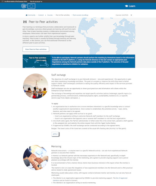 Illustration of a peer-to-peer networking webpage, featuring staff exchange and mentoring activities with diverse participants engaged collaboratively.