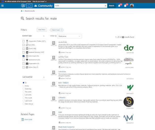 Search results implementation showing listings for Client filter