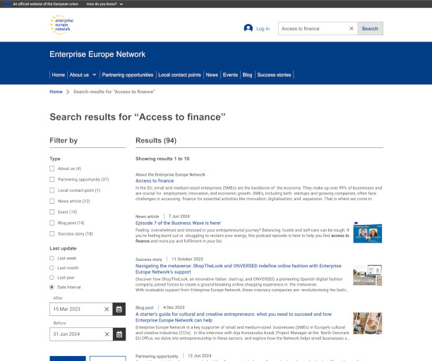 Search results wireframe showing listings for "Access to finance" entered text