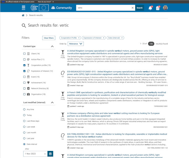 Search results wireframe showing listings for Cooperation Profiles and Expression of interest filters