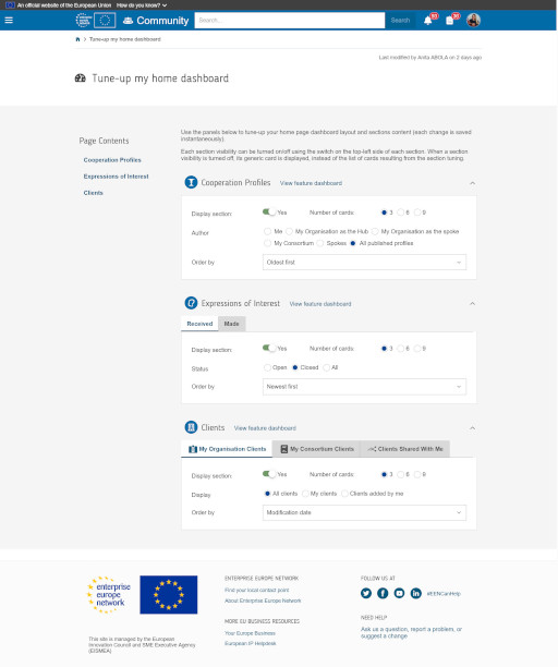 Dashboard settings page showing cooperation profiles, expressions of interest, and clients. Includes options to customize views and sorting preferences.