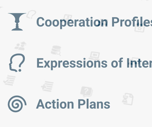Icons for "Cooperation Profiles," "Expressions of Interest," and "Action Plans" with a goblet, a head silhouette, and a spiral, respectively. Simple design and organized layout.