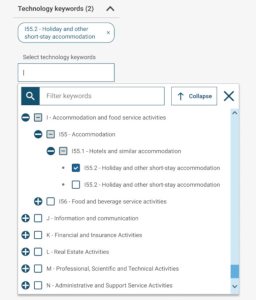 Dropdown menu interface for selecting technology keywords on a business classification platform, showing the expanded category tree under "I - Accommodation and food service activities". Subcategories include "I55 - Accommodation", "I55.1 - Hotels and similar accommodation", and two instances of "I55.2 - Holiday and other short-stay accommodation", one of which is selected. Additional collapsed categories include "I56 - Food and beverage service activities", "J - Information and communication", "K - Financial and Insurance Activities", "L - Real Estate Activities", "M - Professional, Scientific and Technical Activities", and "N - Administrative and Support Service Activities". A search bar labeled "Filter keywords" is also visible. This image highlights taxonomy selection, hierarchical keyword filtering, and classification tagging in a digital interface.