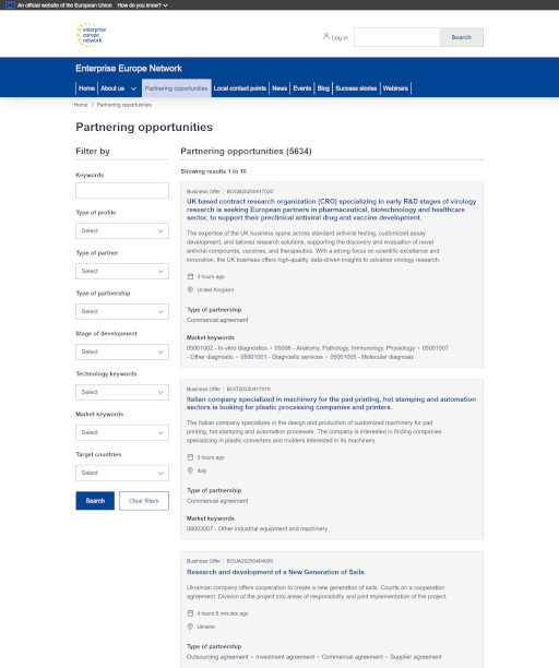 Screenshot of the Enterprise Europe Network website displaying various partnering opportunities in research and technology sectors.
