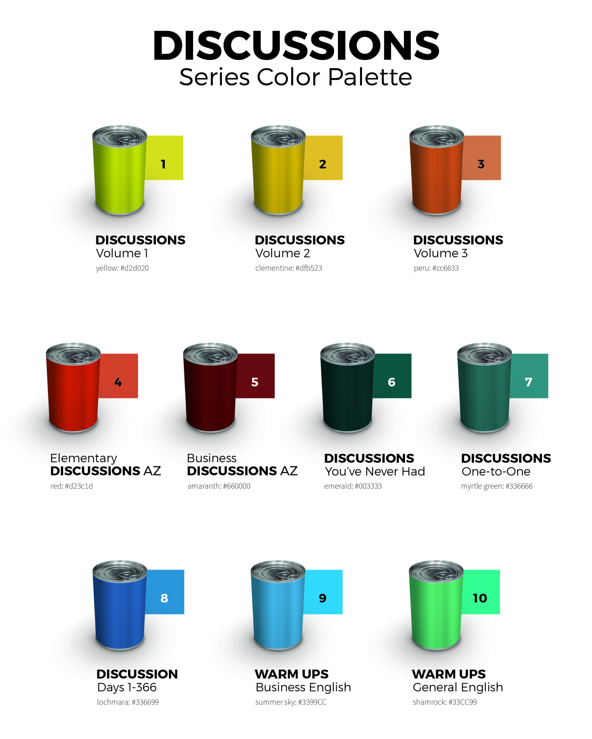 Color palette for the Discussions series, featuring ten cans labeled by volume and theme, each in distinct colors and hex codes.