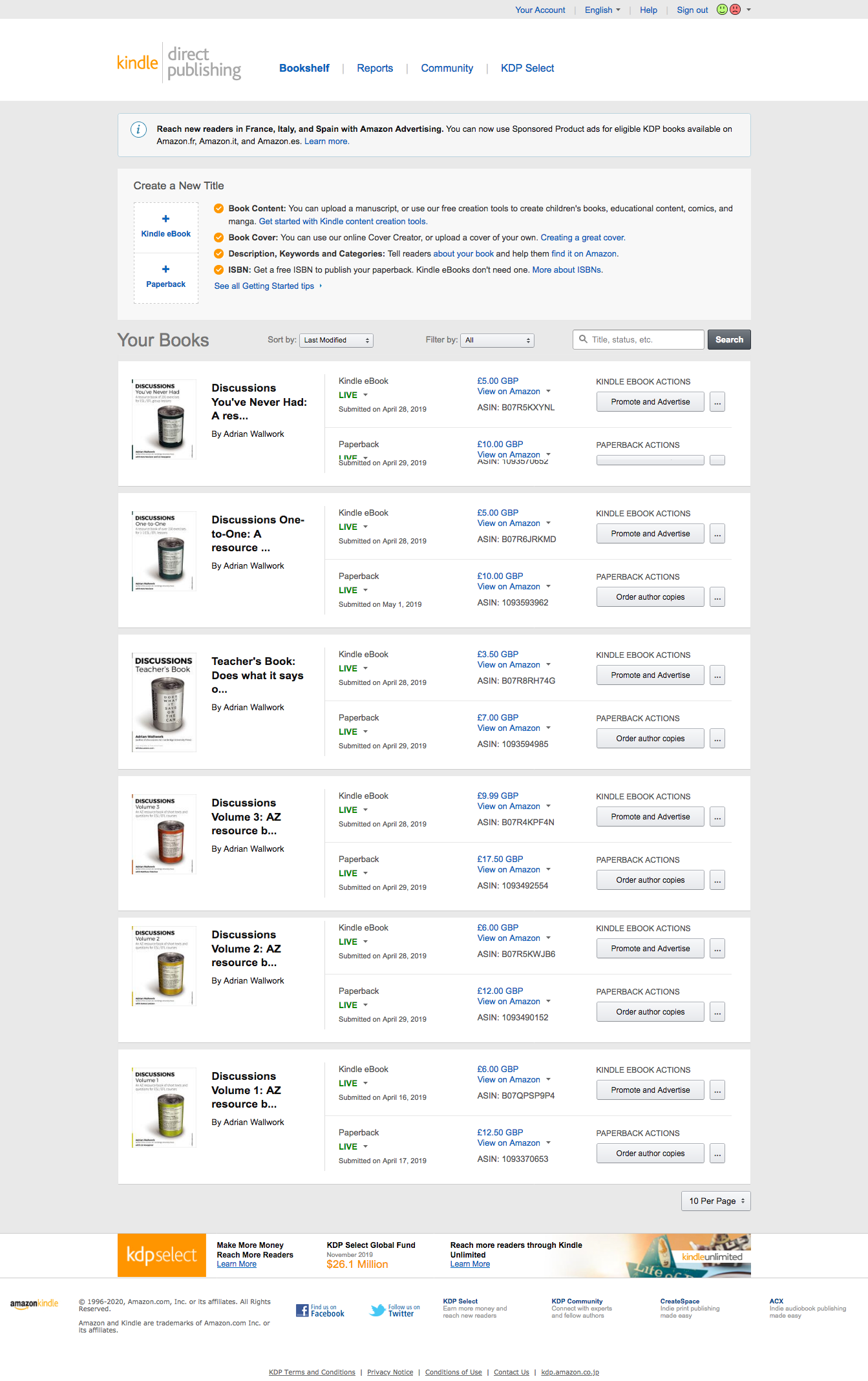 Screenshot of the Kindle Direct Publishing dashboard displaying a list of books by Adrian Wallwork, including details on formats and pricing.