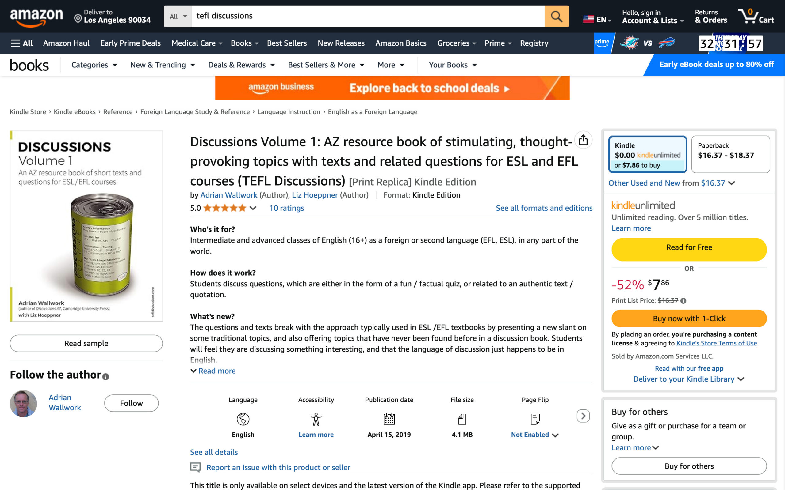 Amazon product page for "Discussions Volume 1," a book for ESL courses. Features book cover, purchase options, and a detailed description of contents.