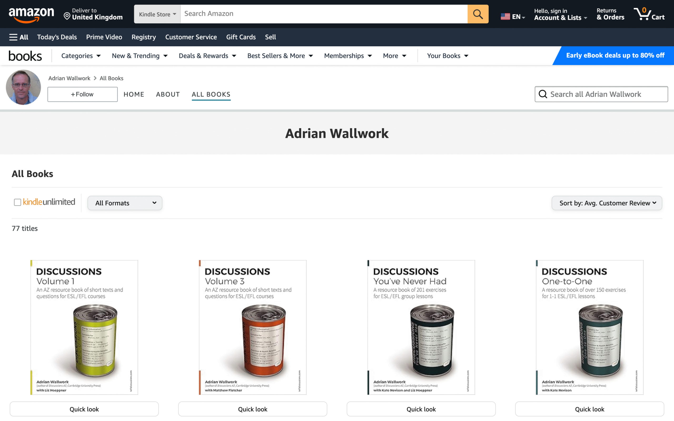 Amazon page displaying books by Adrian Wallwork, featuring titles on ESL/EFL courses, with covers of discussion guides in vibrant colors.