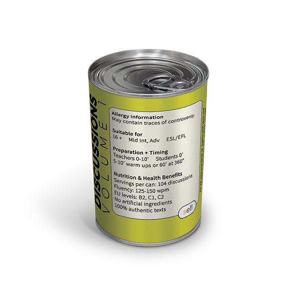 A tin can labeled "Discussions" with text listing allergy info, age suitability, preparation timing, and nutrition and health benefits for English language learners.