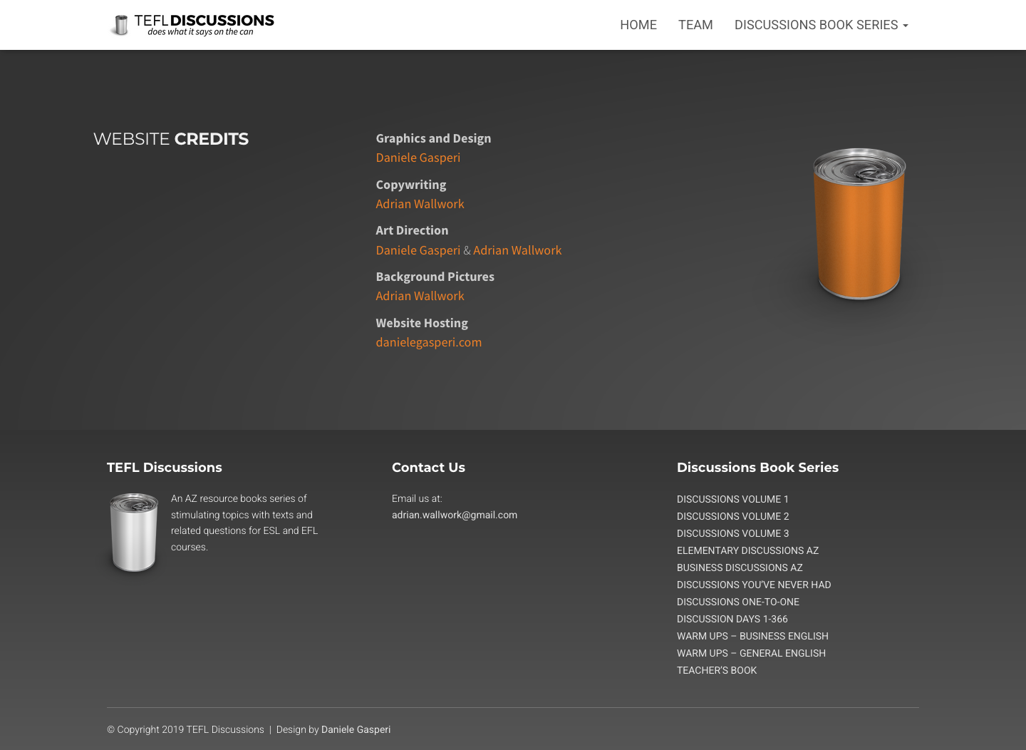 Website credits for TEFL Discussions, detailing contributors in graphics, copywriting, and design. Features an orange can graphic.