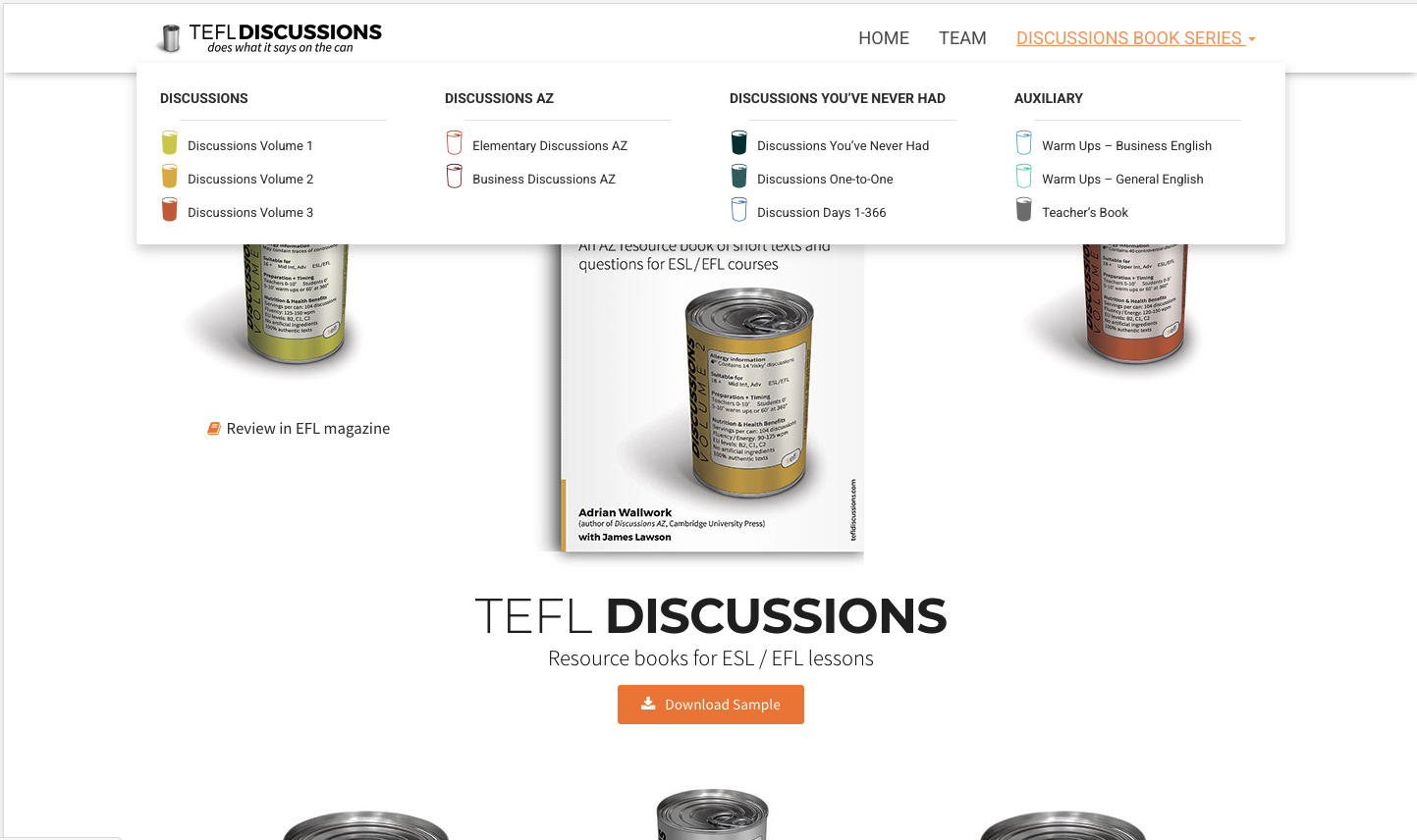 Screenshot of the TEFL Discussions website showcasing resource books for ESL/EFL lessons, featuring various discussion volumes and options.