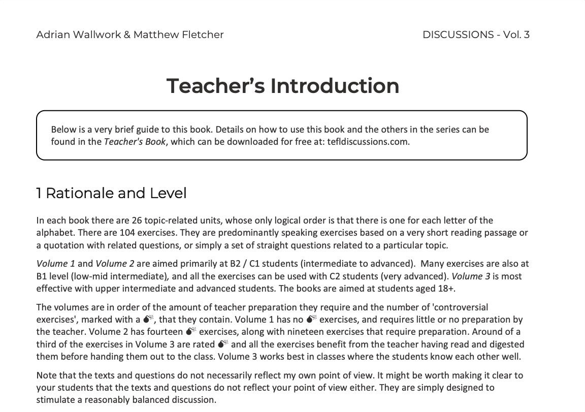 Text excerpt from a teacher's introduction discussing the structure and purpose of a teaching resource book for language exercises.