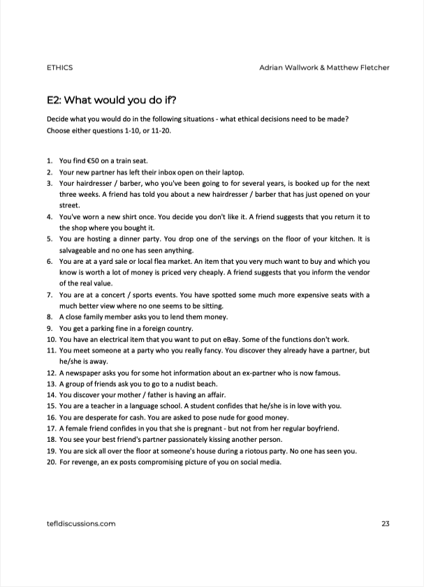 A list of ethical dilemmas presented in text format, inviting reflection on moral decision-making across various scenarios.