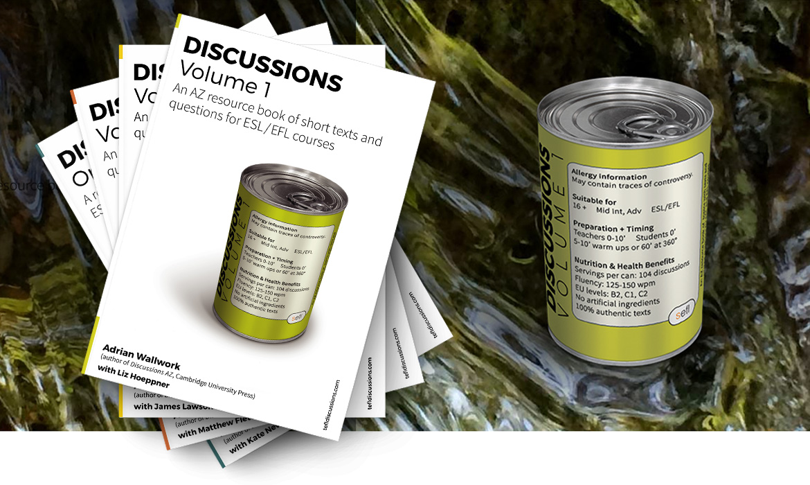 A stack of books titled "DISCUSSIONS" lies next to a can with a similar label. Both feature resource material for ESL/EFL courses by Adrian Wallwork.