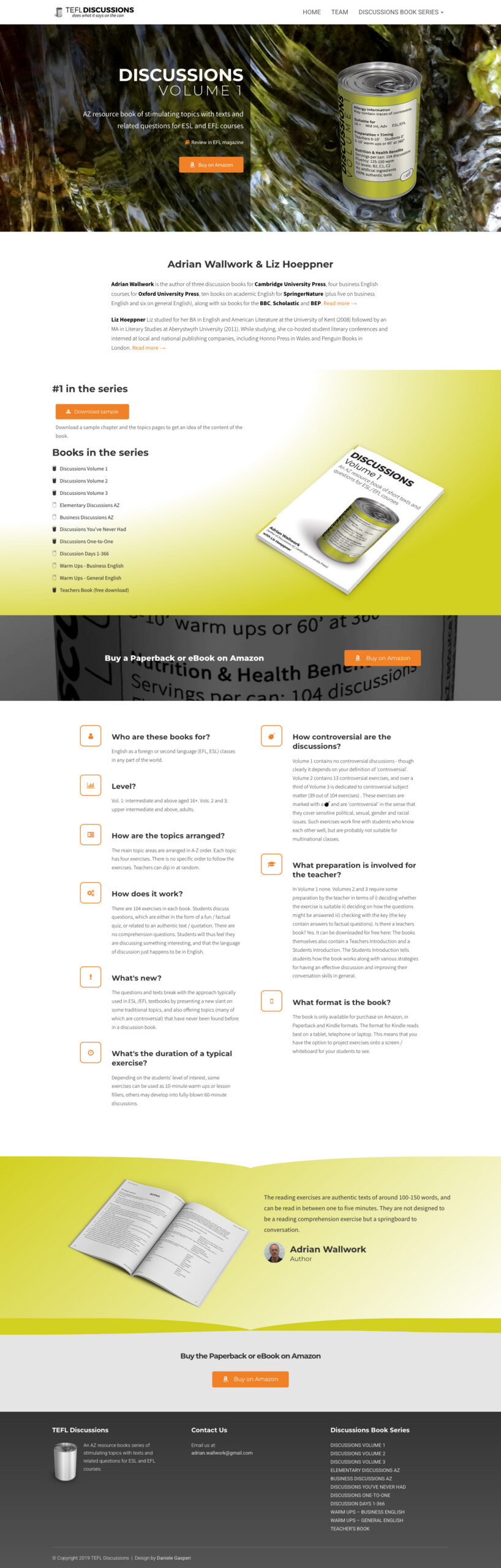 Webpage for a book titled 'Discussions, Volume 1' by Adrian Wallwork & Liz Hoeppner. Features a liquid background and book cover, with links to related topics, book details, and purchase options. The design uses yellow and white tones, conveying a fresh and informative tone