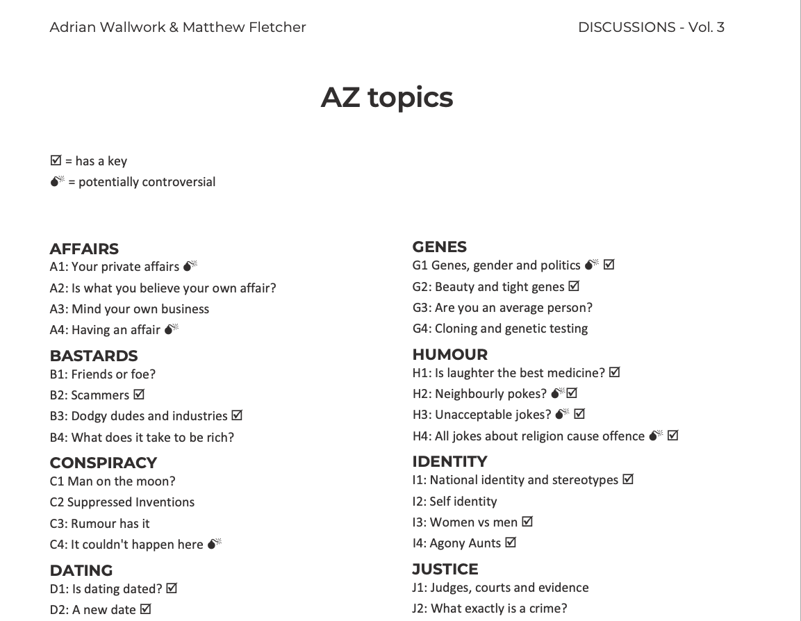 Top part of the Topics page of "Discussions Vol. 3" by Adrian Wallwork & Matthew Fletcher. Lists topics: Affairs, Bastards, Conspiracy, Dating, Genes, Humour, Identity, Justice. Icons indicate if a topic is potentially controversial or has a key.